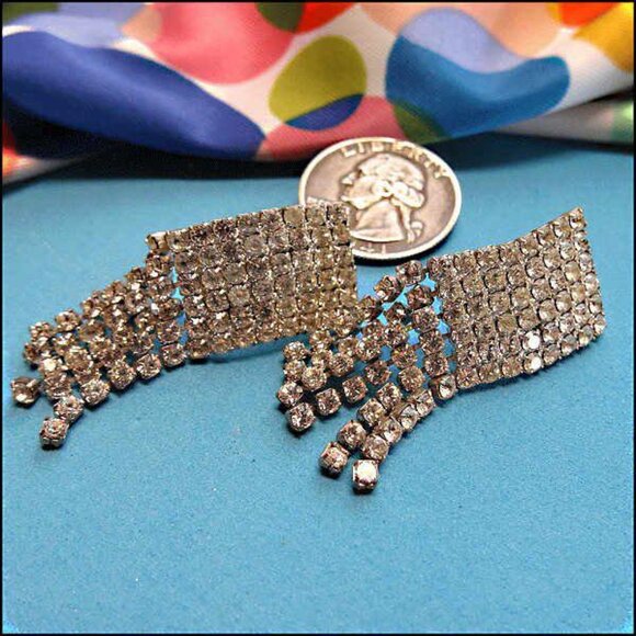 1950s Art Deco Chandelier Pierced Earrings Chic Cube Rhinestone Midis - Picture 5 of 6